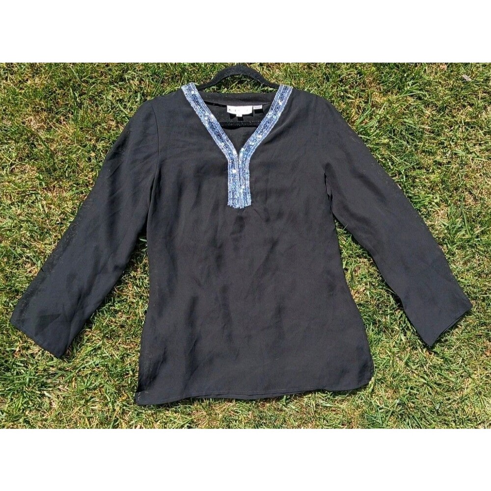 Black Beaded Boho Tunic Sheer Sleeve Y2K Festival Top Kaktus Medium